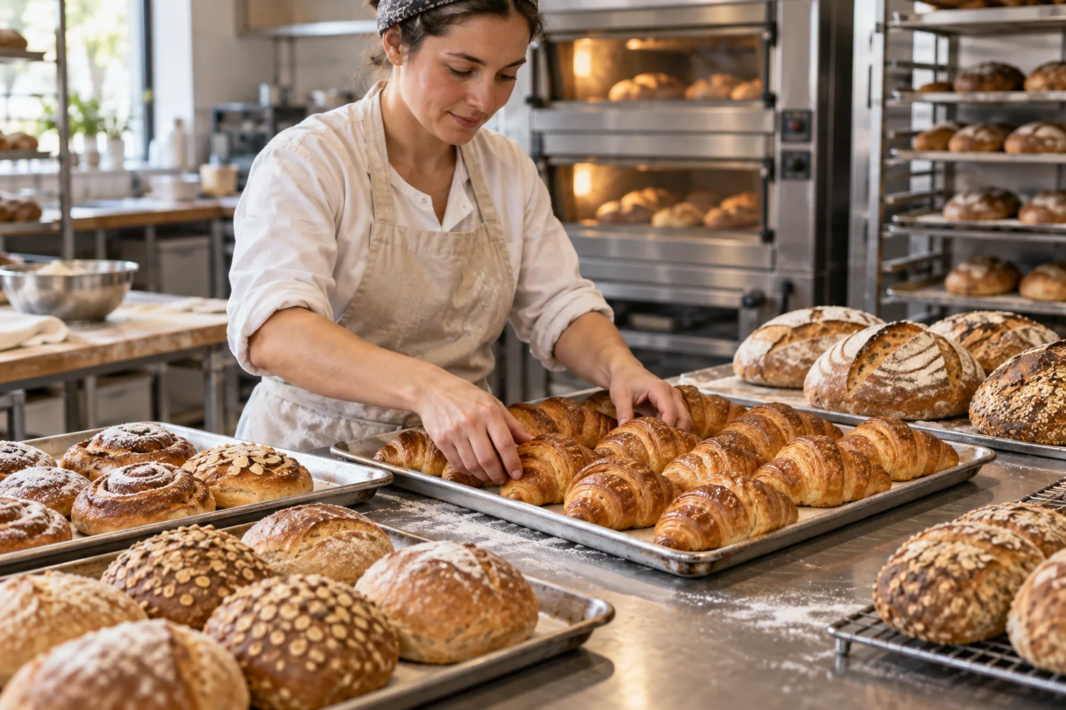 Baker laying out fresh croissants and bread in the bakery