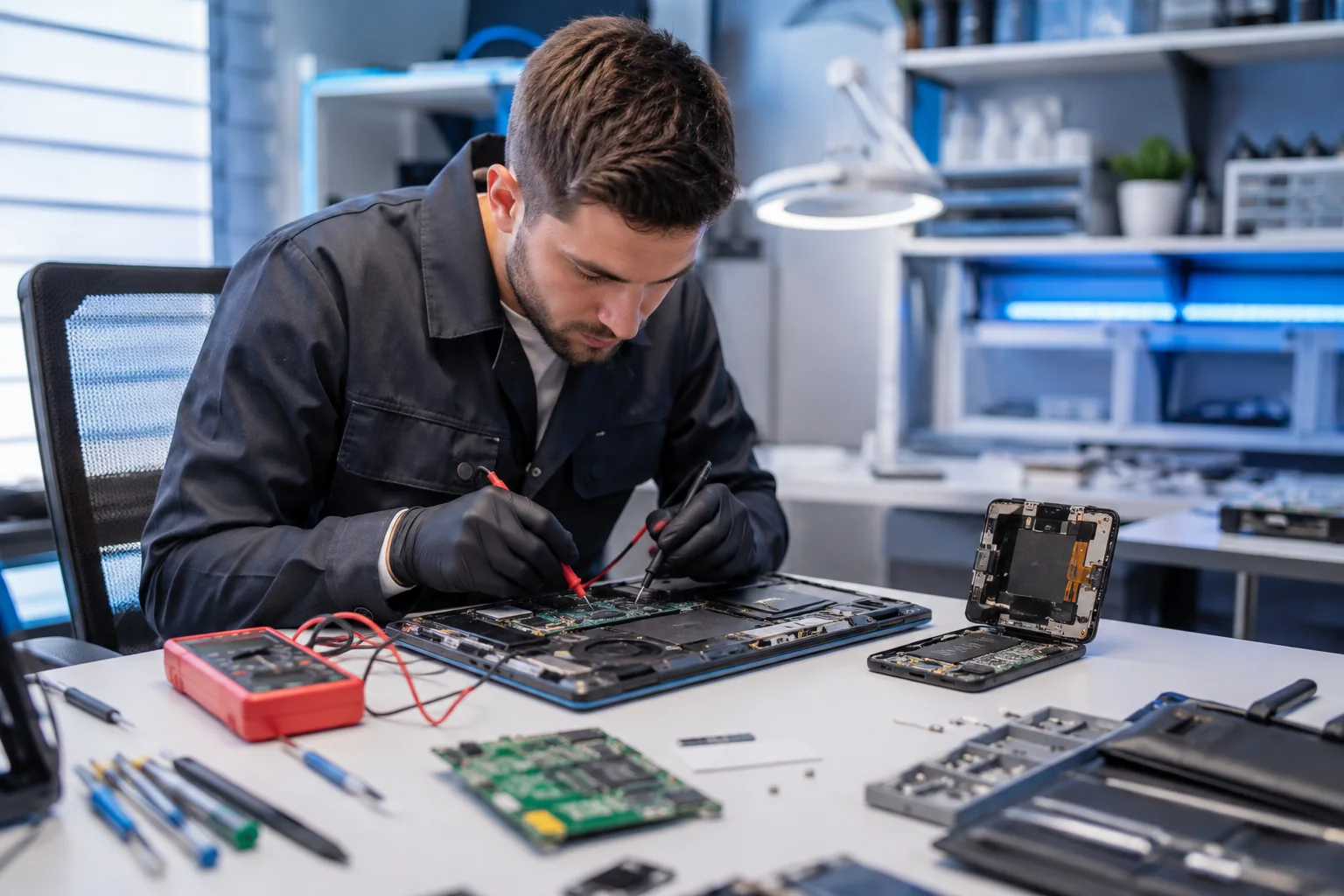 The technician diagnoses a laptop and smartphone in the service center