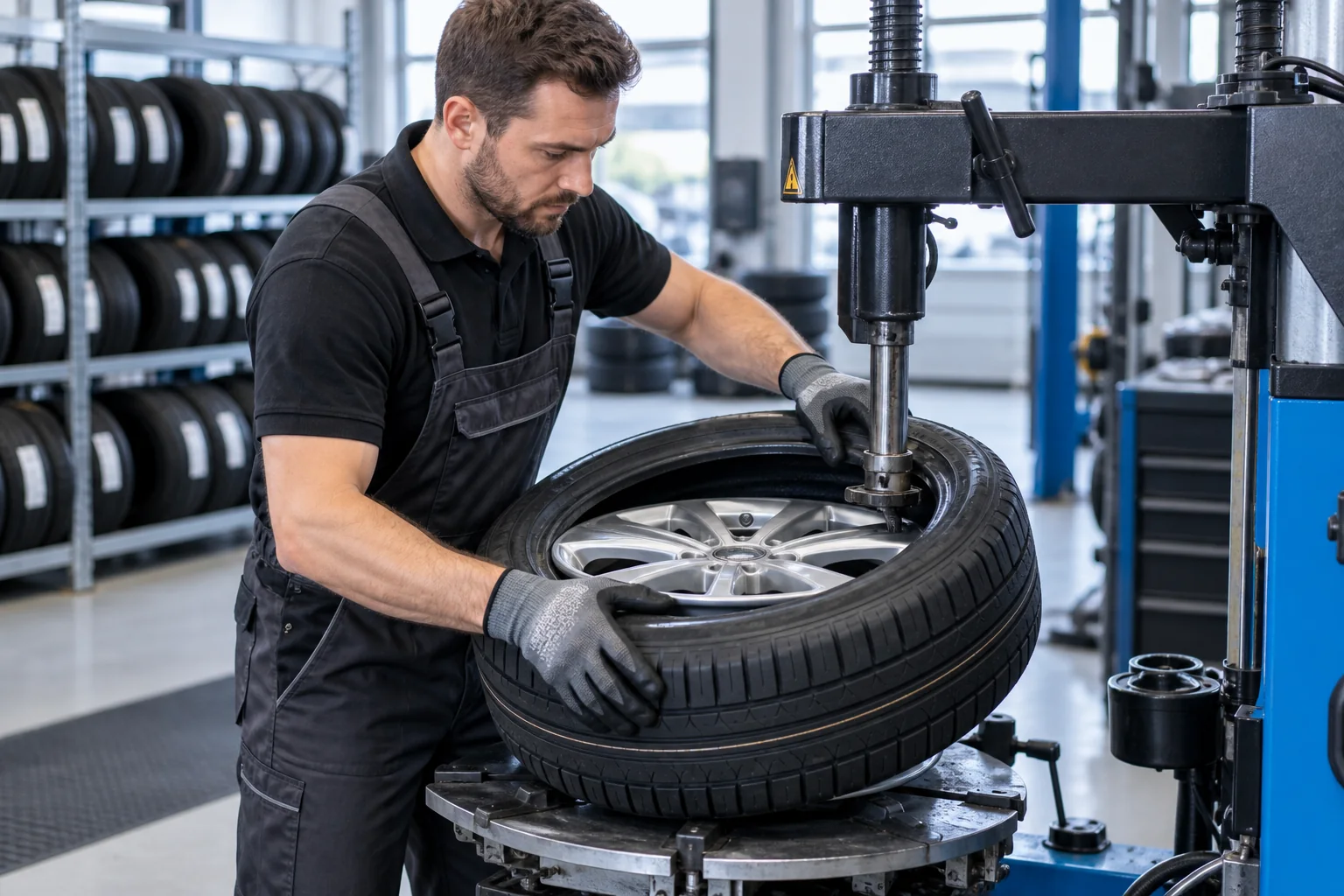 The technician mounts the tire on the rim using a tire mounting machine